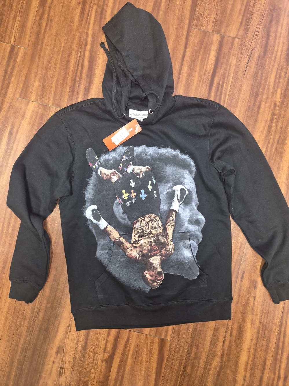 Black Graphic Pullover Hoodie with Contrast Print